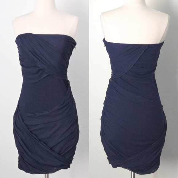 NWOT Alice & Olivia Navy Blue‎ Silk Draped Sexy Bodycon Mini Strapless Dress - Picture 3 of 8